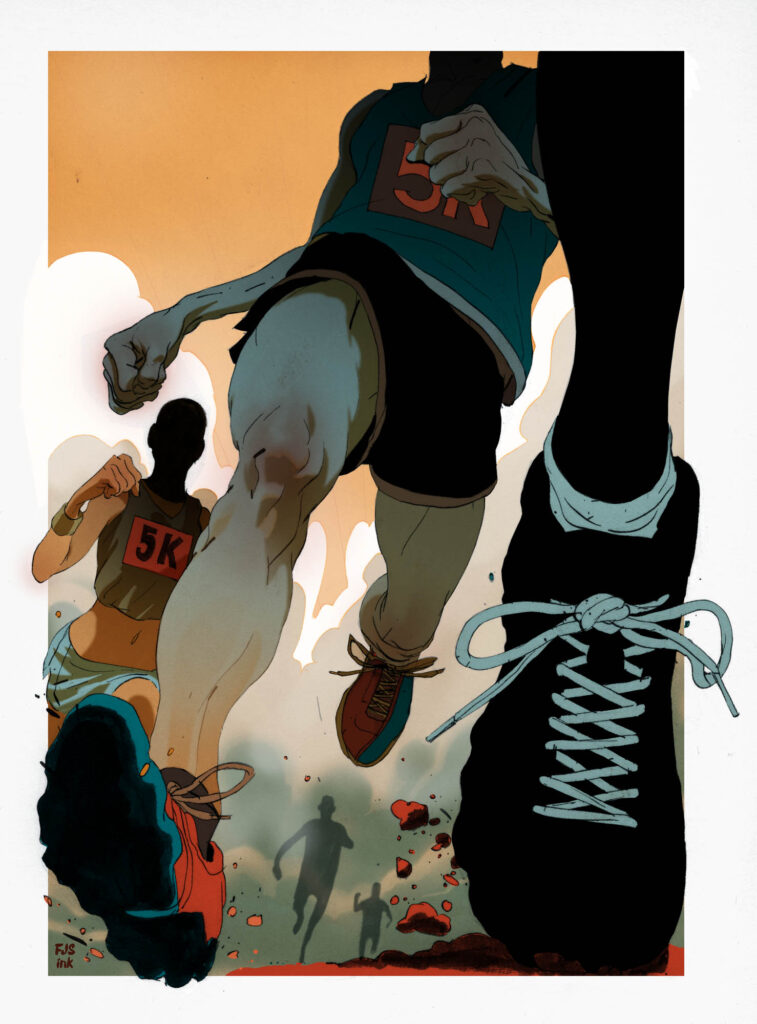 Illustration of runners in a 5K race seen from a low angle, with legs and shoes dominating the foreground.