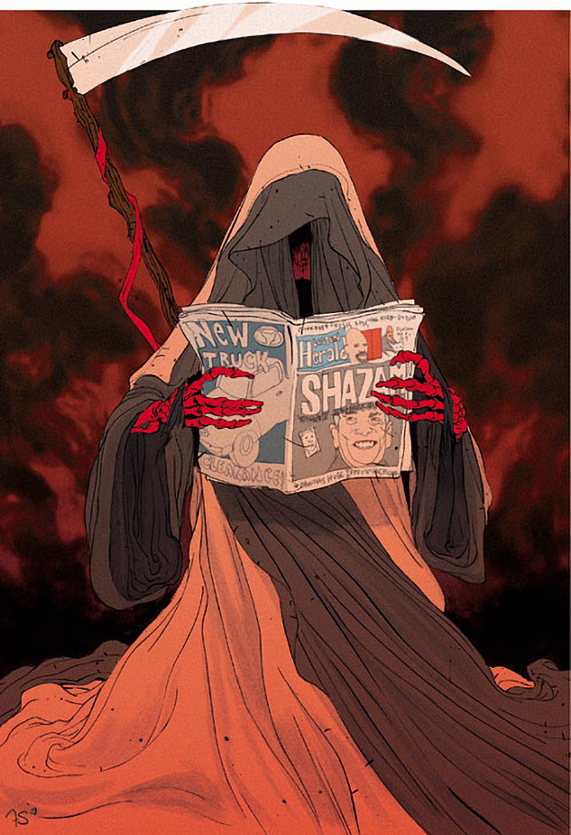 The grim reaper reading letters to the editor.