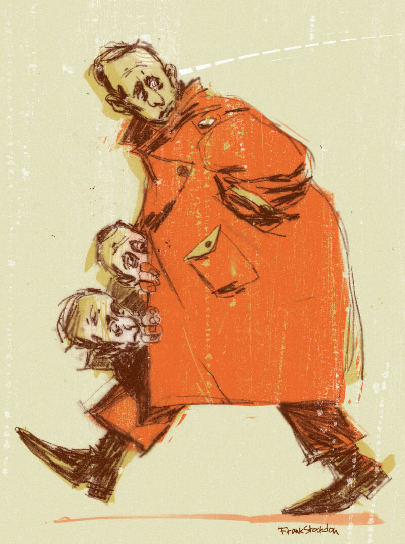 A caricature of Vladimir Putin trafficking two miniature Vladimir Putins in a red trenchcoat.