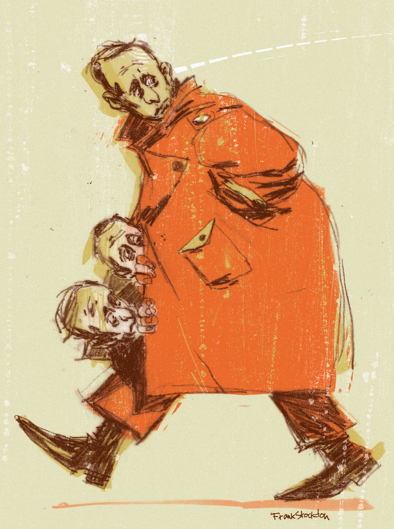 A caricature of Vladimir Putin trafficking two miniature Vladimir Putins in a red trenchcoat.