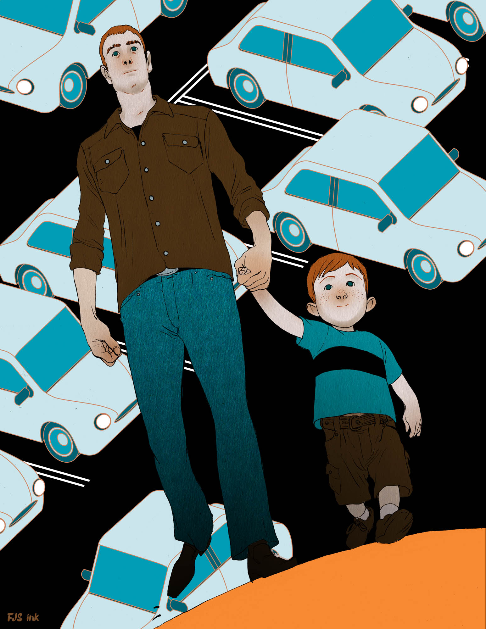 An orange-haired father and young son walk hand-in-hand through a parking lot full of cars.