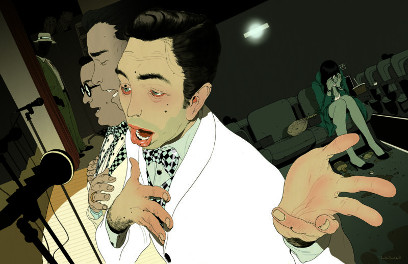Editorial-style illustration showing a man in a white tuxedo singing into a microphone onstage, his gestures multiplied to suggest motion and intensity, with a sparse, dimly lit audience in a small theater, including a woman seated alone in the background.