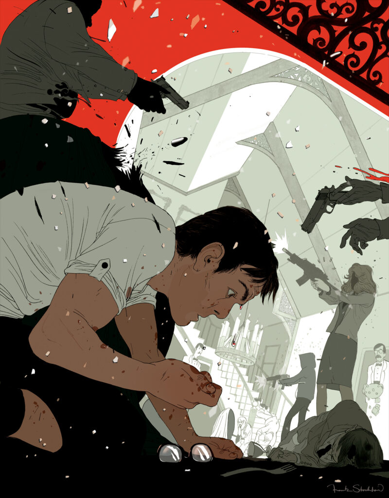 A man braces on the floor while gunmen exchange fire inside a ruined church, debris and chaos frozen mid-blast.