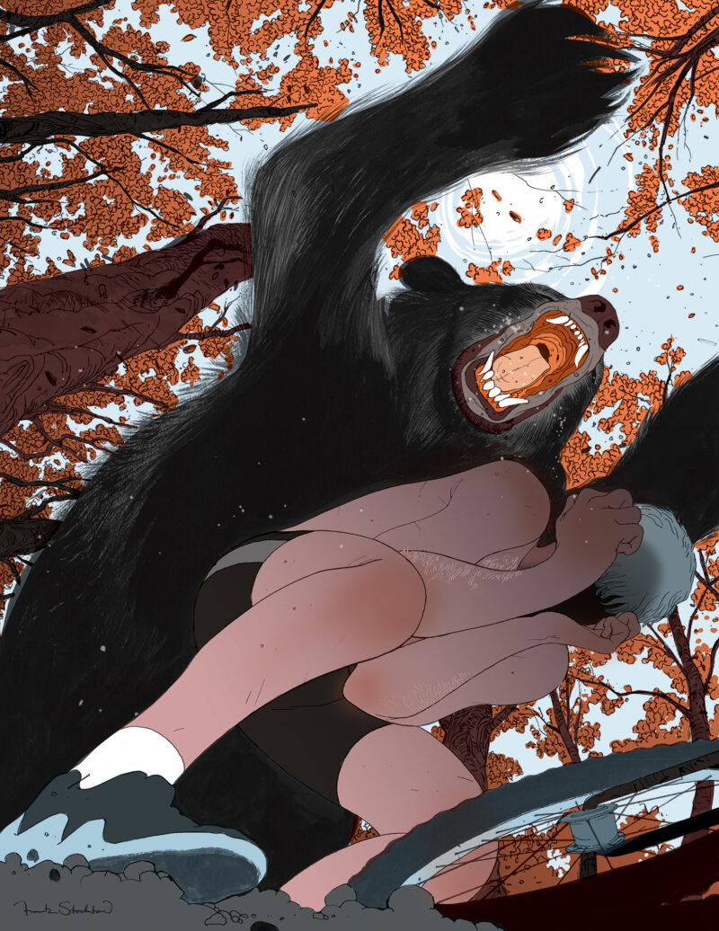 Low angle image of a cyclist covering up from being attacked by a rabid black bear.