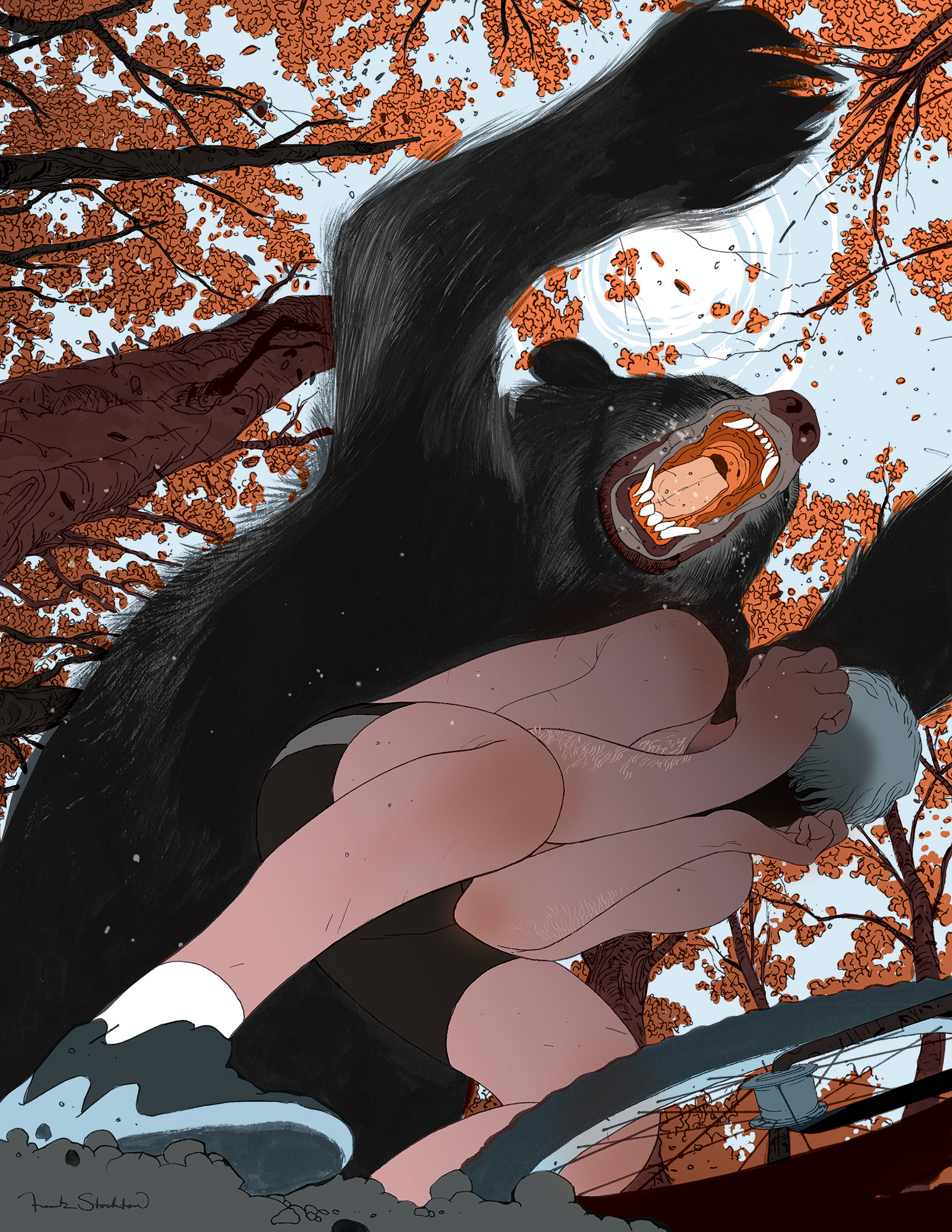 Low angle image of a cyclist covering up from being attacked by a rabid black bear.