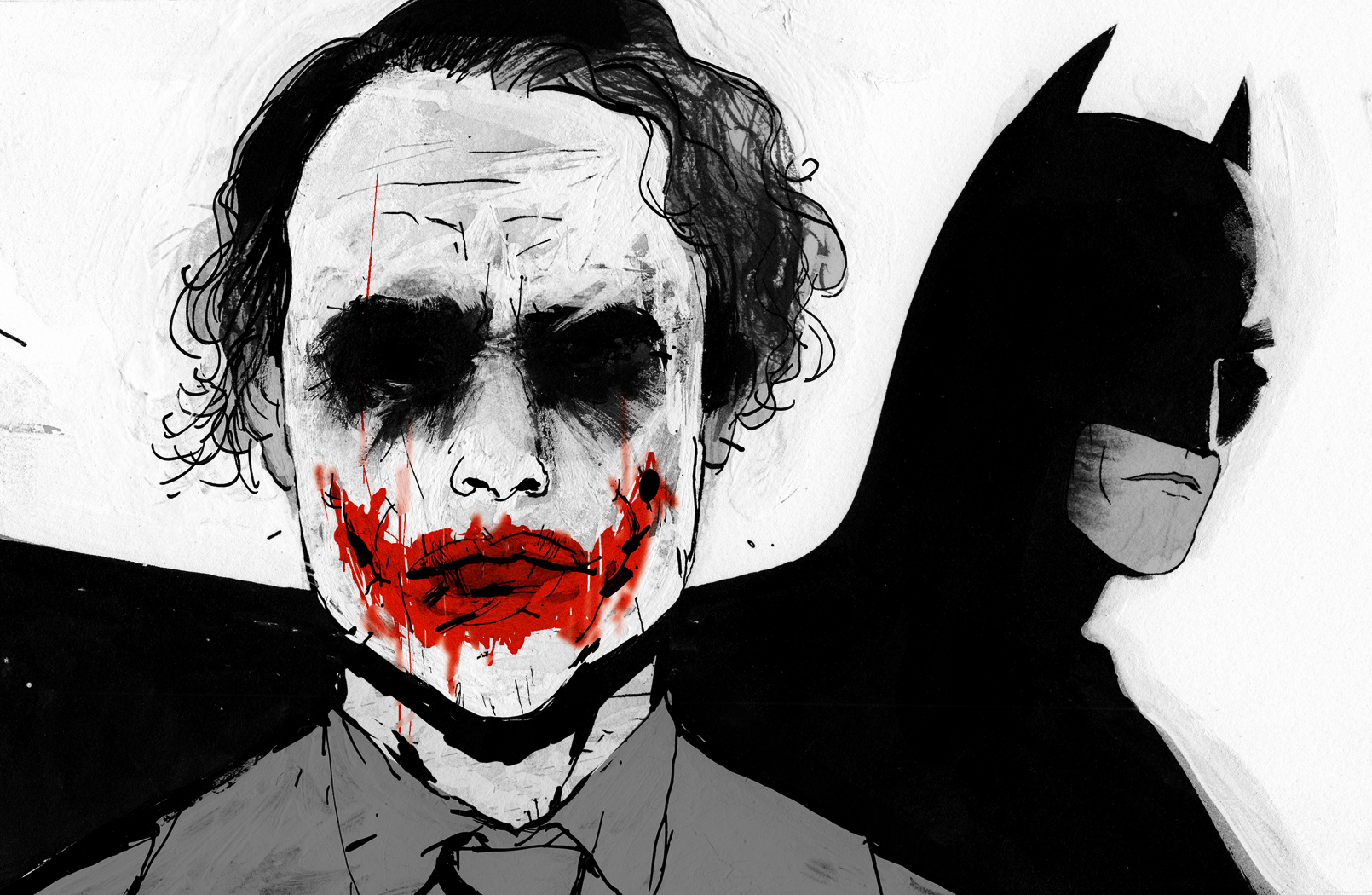 Illustration of Heath Ledger’s Joker from The Dark Knight, with Batman in profile behind him, created for The New Yorker.