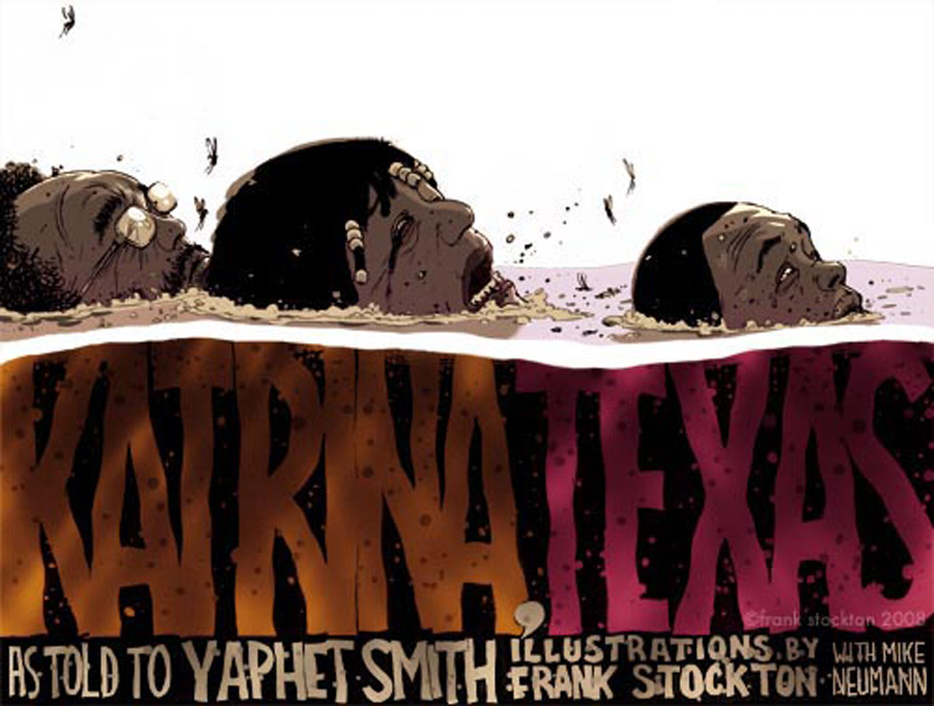 Illustrated title image showing three faces floating in floodwater above the words “Katrina, Texas.”