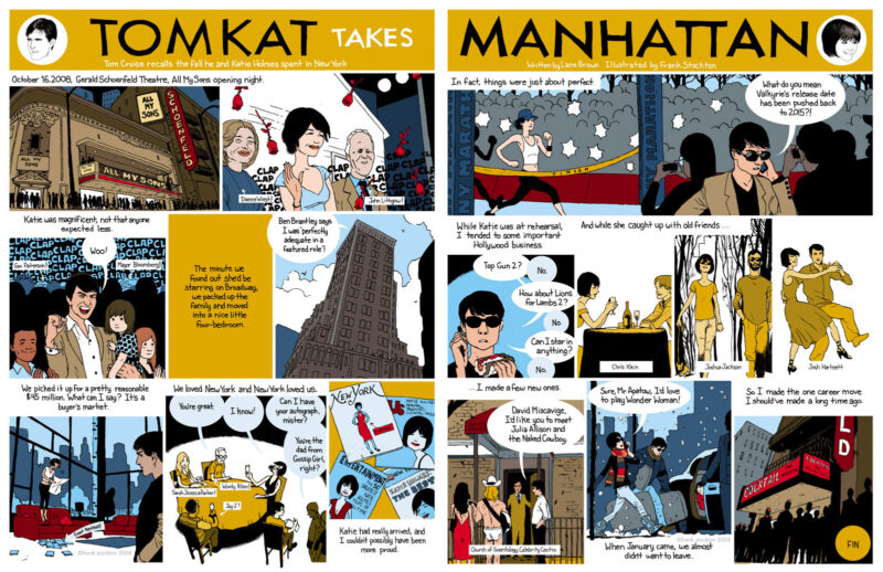 Two-page illustrated comic spread for NY Magazine titled “TomKat Takes Manhattan,” showing Tom Cruise and Katie Holmes in New York with bold flat colors and multiple panels.
