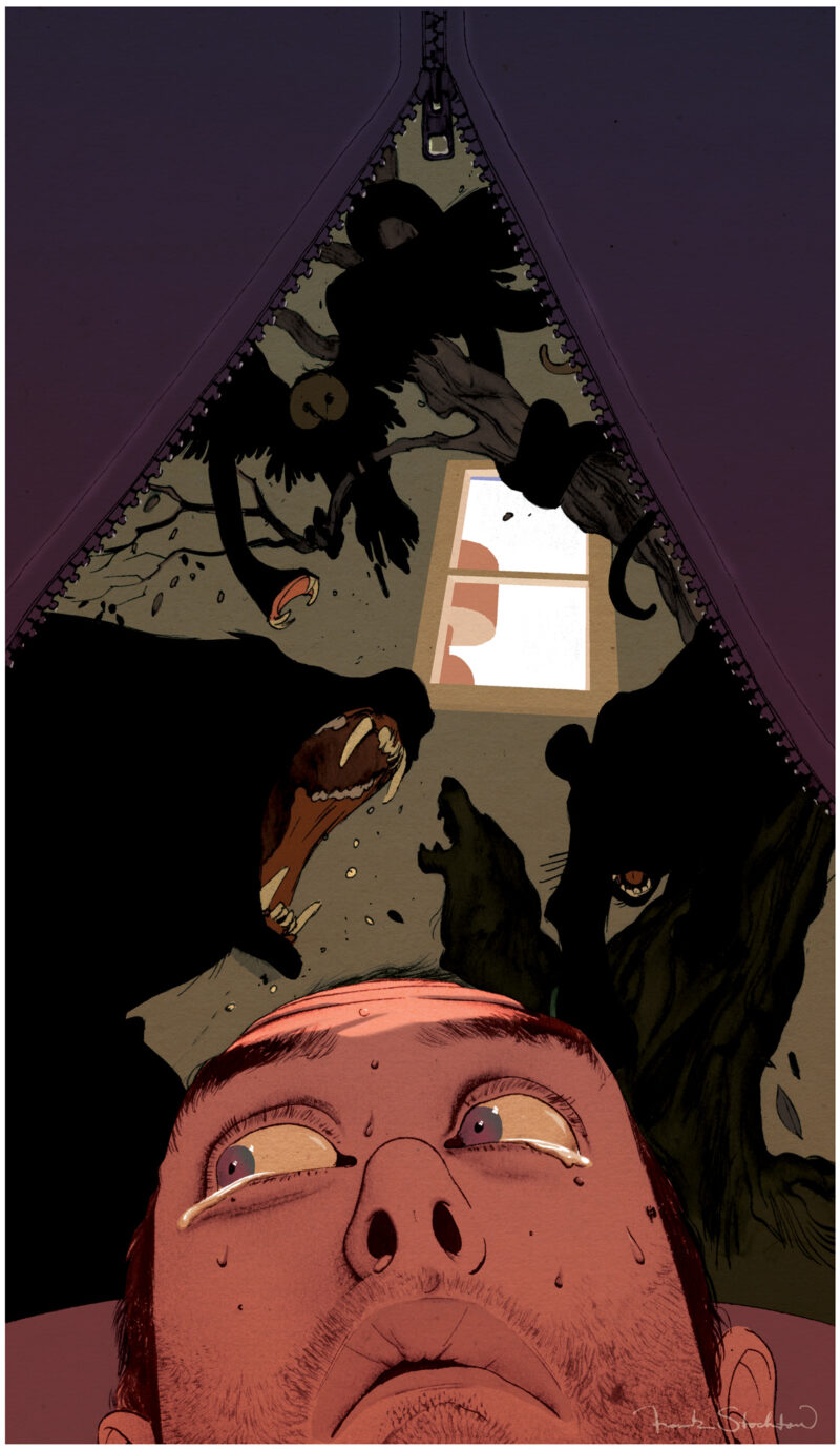 Close-up image of a frightened backyard camper imagining snakes, bears, and mountain lions lurking outside the tent.