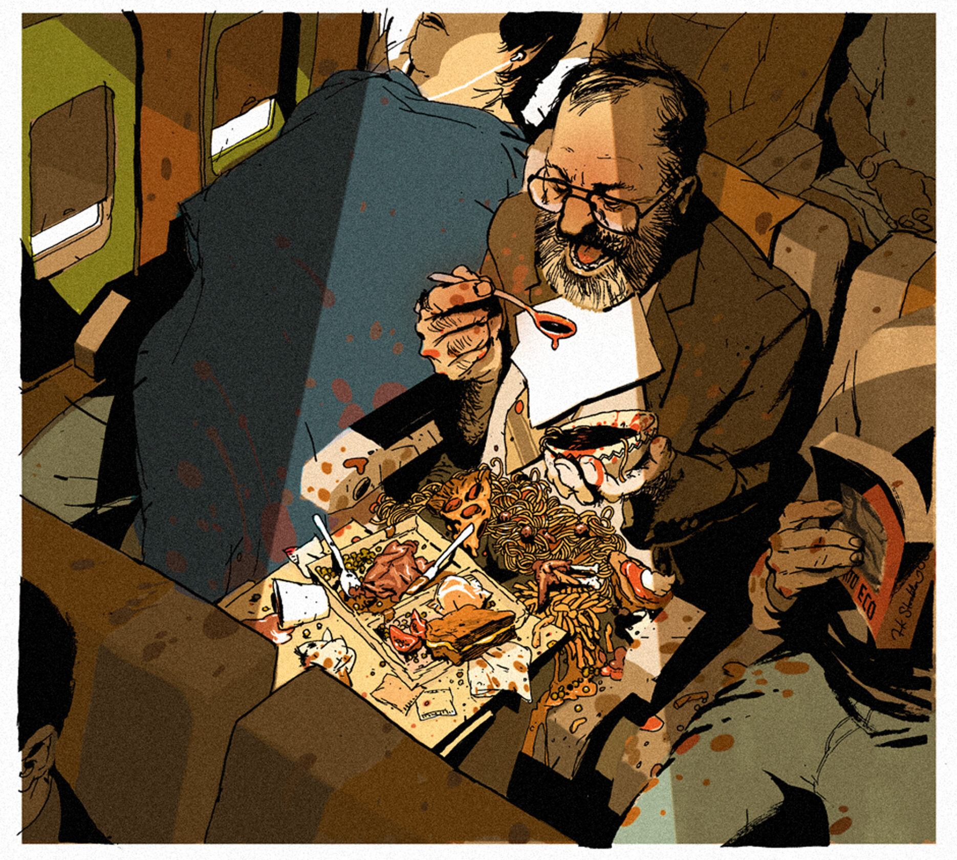Illustration of Umberto Eco eating a messy airline meal, viewed from above, with food spilled across a cramped airplane cabin.