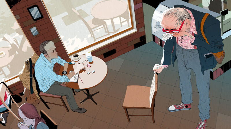 Bird’s-eye café scene with a seated man and an older man walking up with a cane.