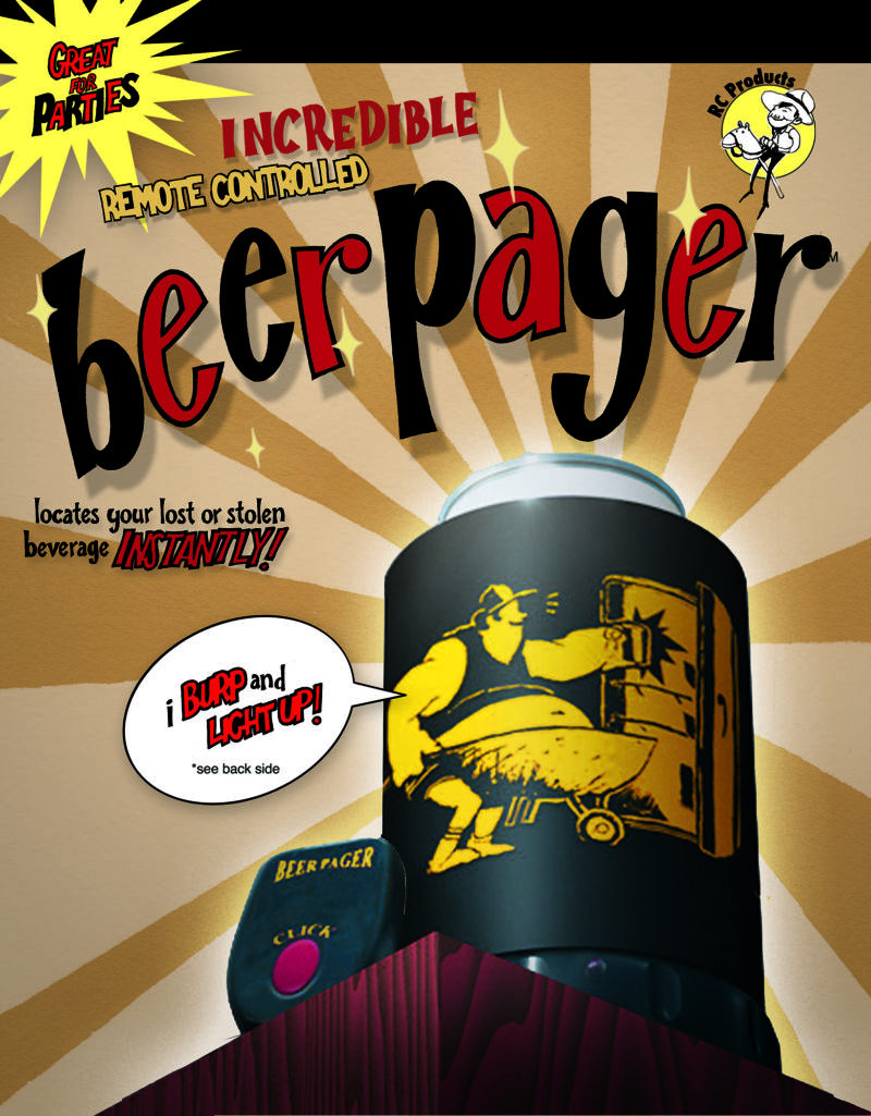 Packaging for The Incredible Beer Pager drink coozie that burps when you press the red button on the remote control.