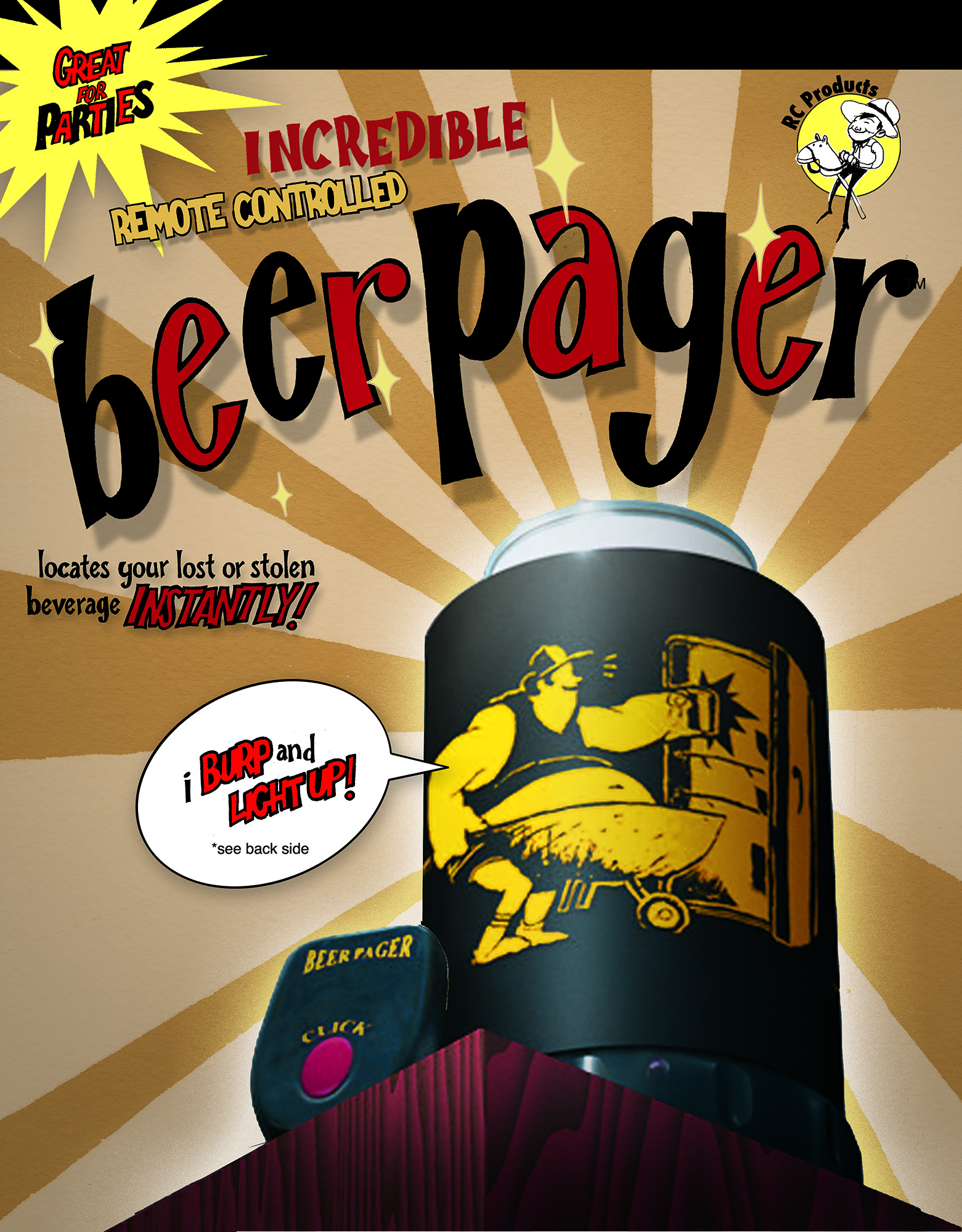 Packaging for The Incredible Beer Pager drink coozie that burps when you press the red button on the remote control.