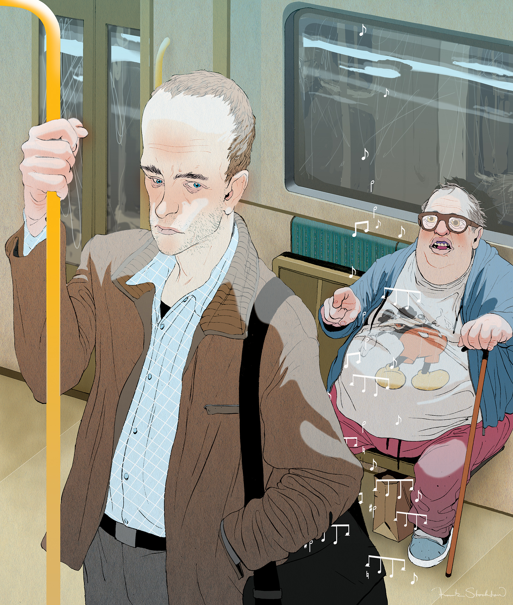 Illustration of a man standing on a train while an older passenger sits behind him, surrounded by music notes.