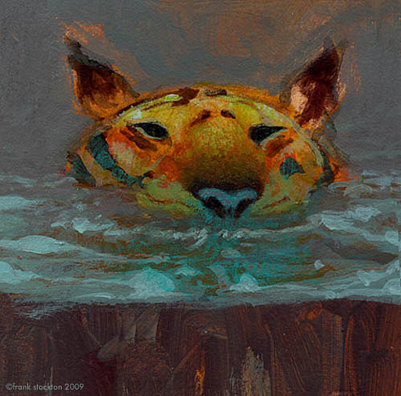 acrylic sketch painting of a bengal tiger swimming with its head just above the water.