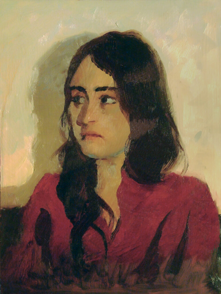 Alla Prima oil paint portrait of a young Jewish woman in a red blouse.