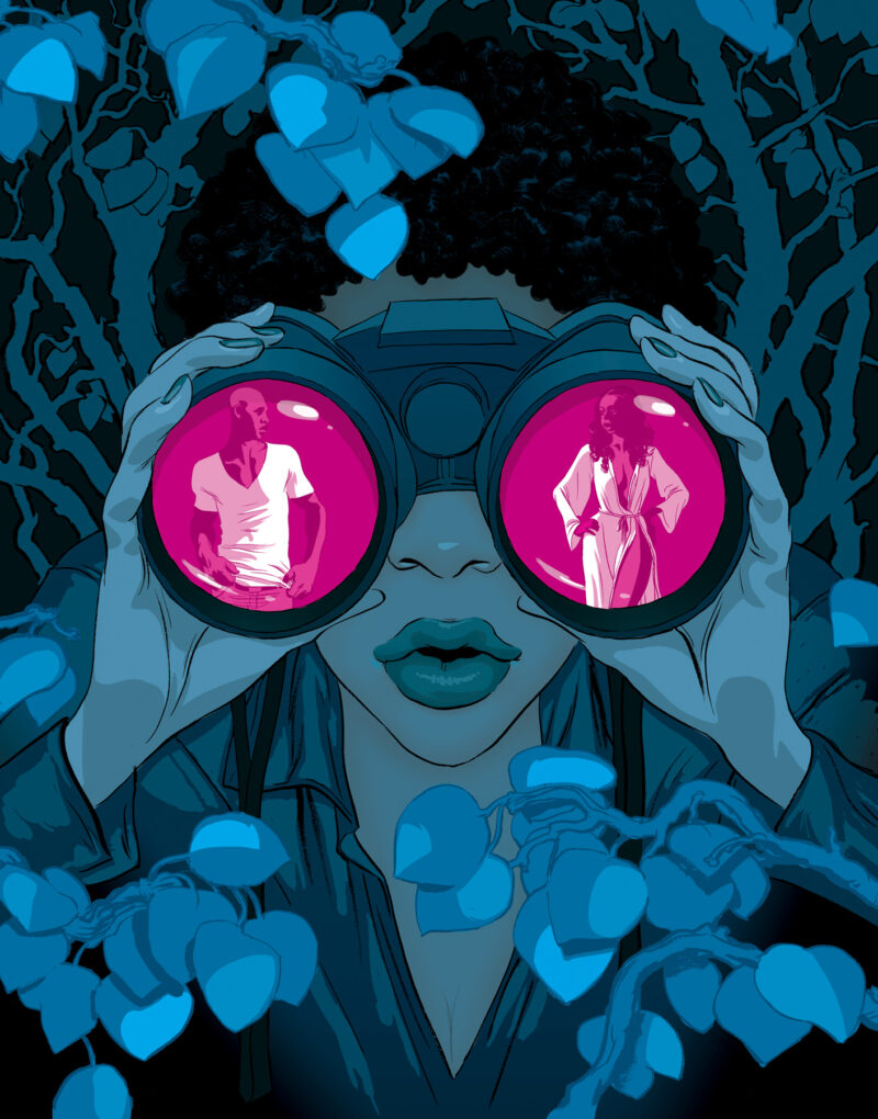 A woman hiding in the bushes at night spying on a couple reflected in magenta binocular lenses.