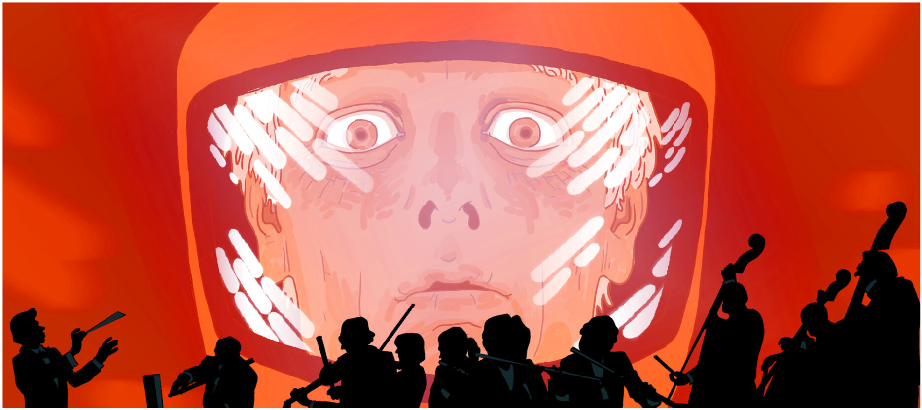 illustration for the New Yorker Magazine about a live orchestra performance alongside a screening of Stanley Kubrick's 2001: A Space Odyssey