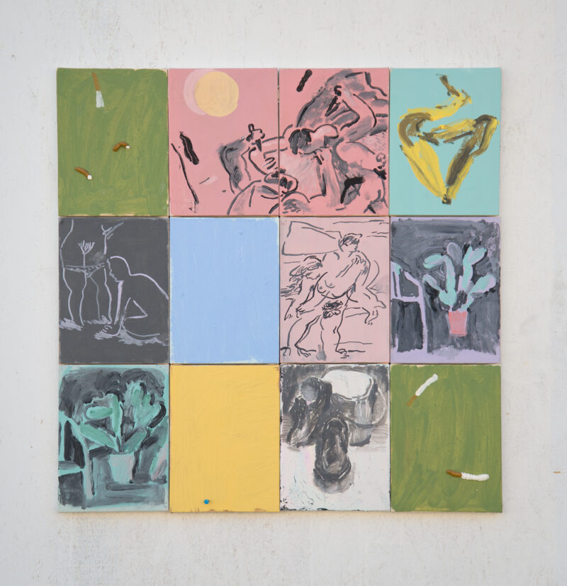 "gutter painting" mixed media oil painting comprised of 12 canvases juxtaposed together.