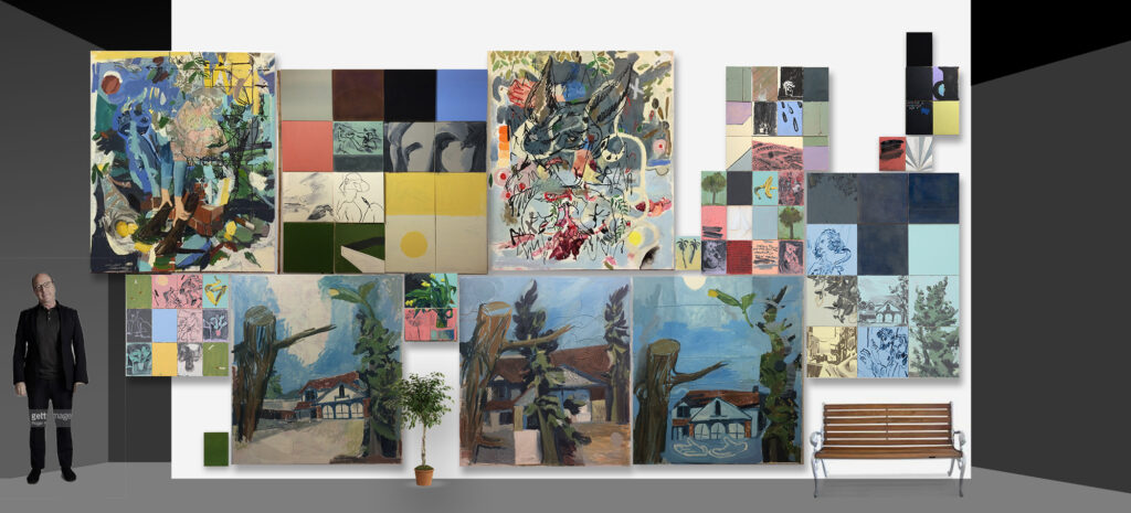 Digital photo-collage mock-up for a painting installation featuring dozens of canvases sandwiched together side-by side.